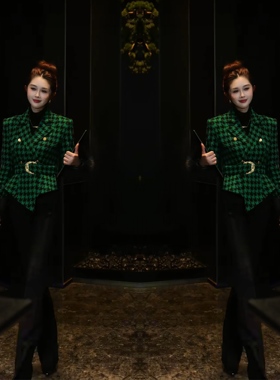 美式复古轻奢绿色优雅格子设计感时髦收腰显瘦外套搭配长袖两件套