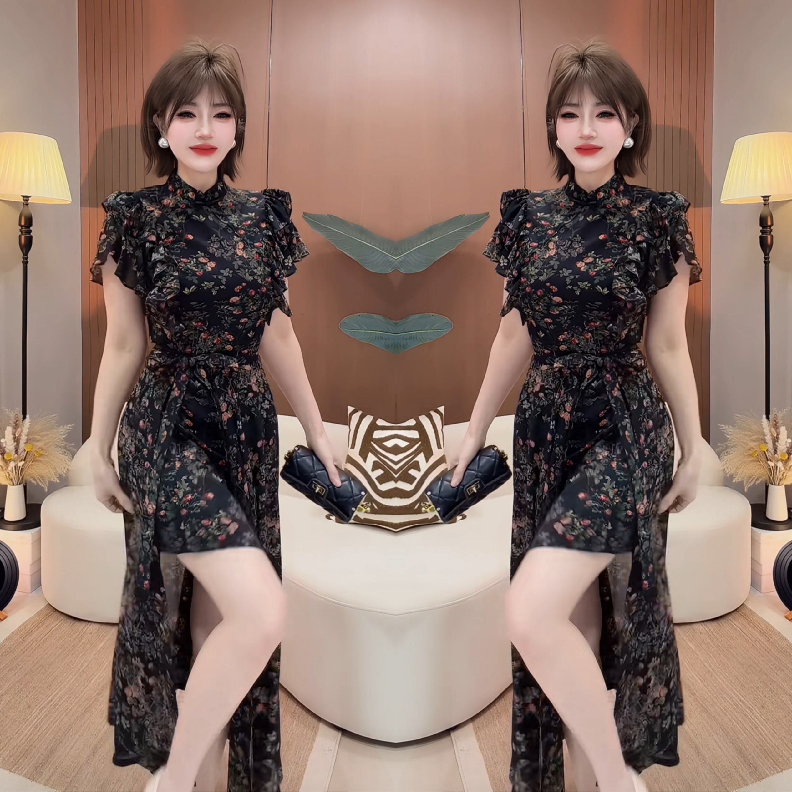 法式高级感夏季新款洋气减龄木耳边碎花宽松女神范上衣搭配半身裙