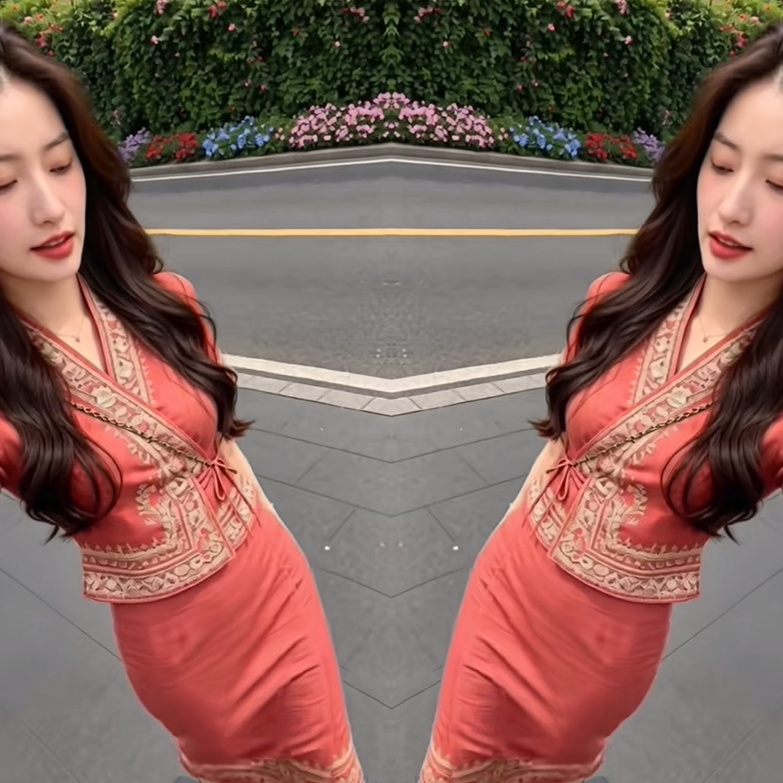 印花复古女装修身两件套上衣裙子