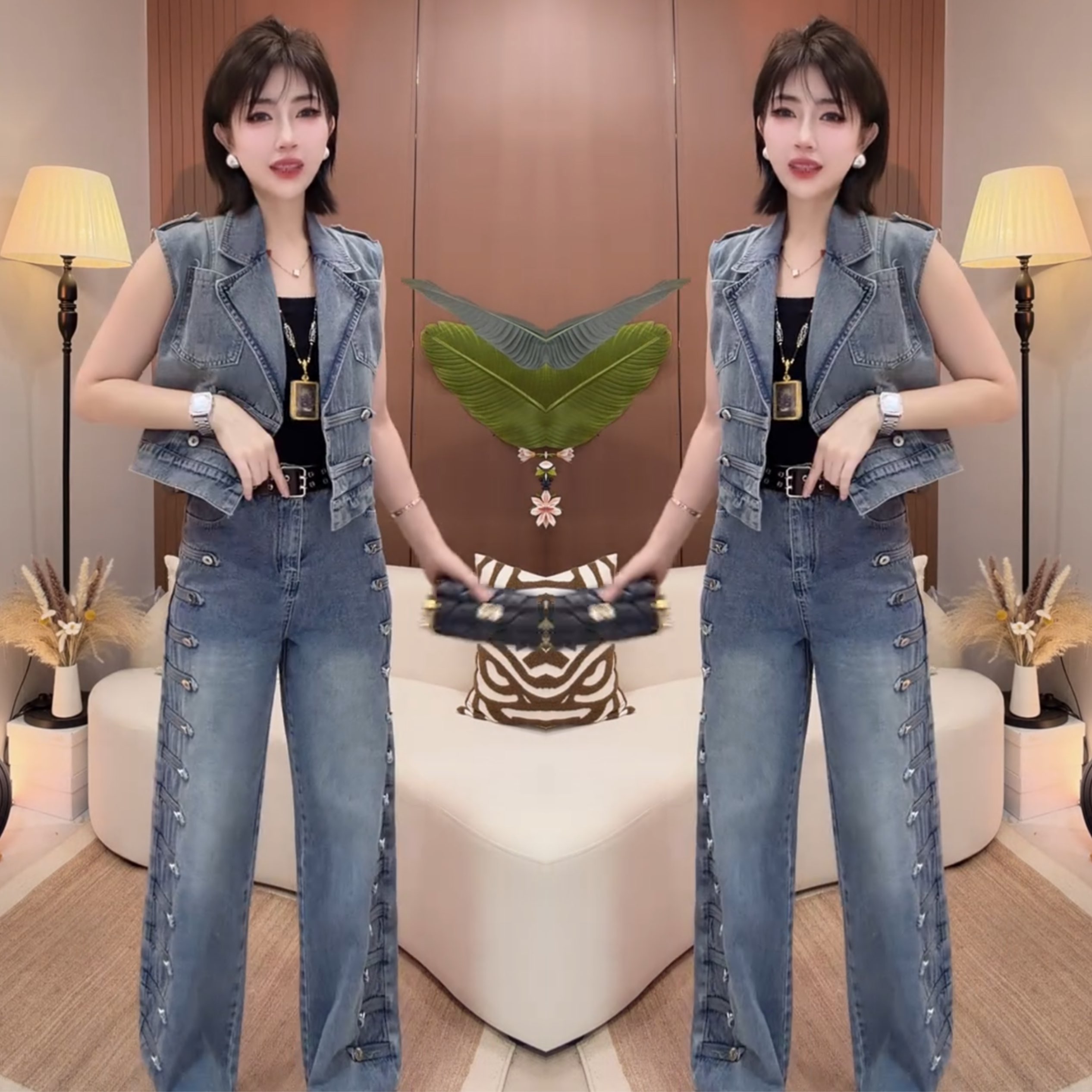 牛仔女装重工两件套上衣裤子潮