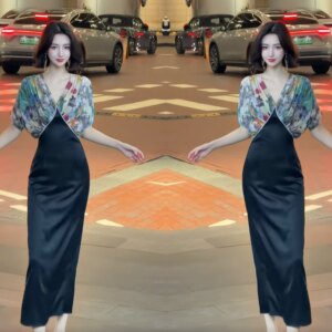 高端拼接设计长款修身贵气连衣裙