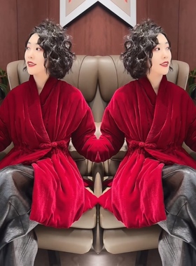 2025冬季红色喜庆高定系带长袖保暖轻奢丝绒宽松遮肉网红女装外套