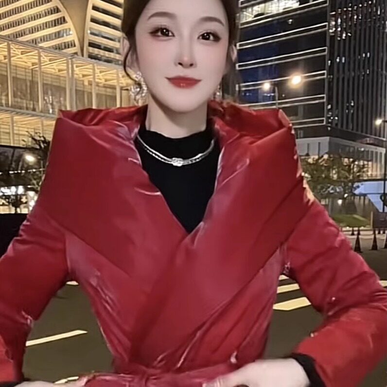 收腰系带修身显瘦御姐棉服女