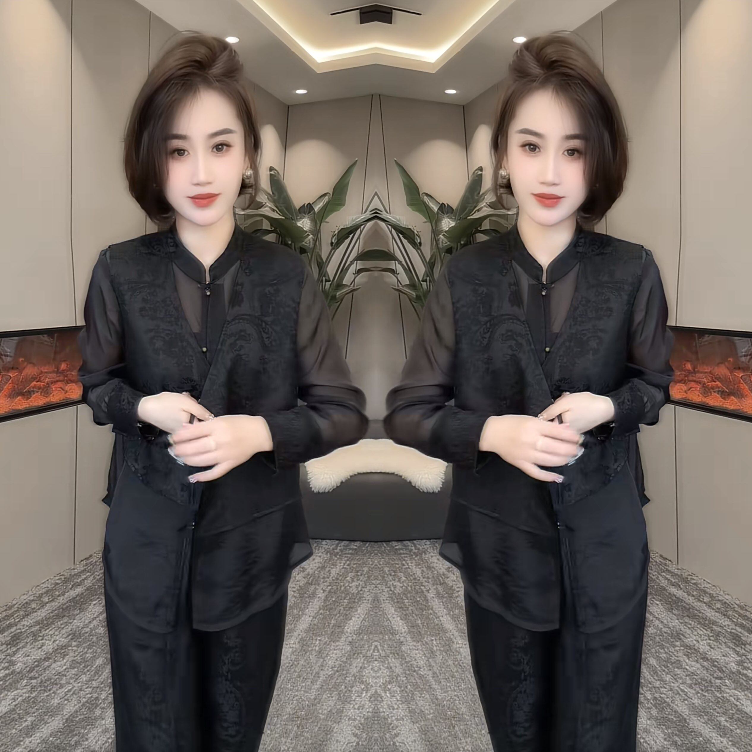 网红爆款时髦气质减龄黑色新中式优雅设计感假两件提花上衣裤子潮