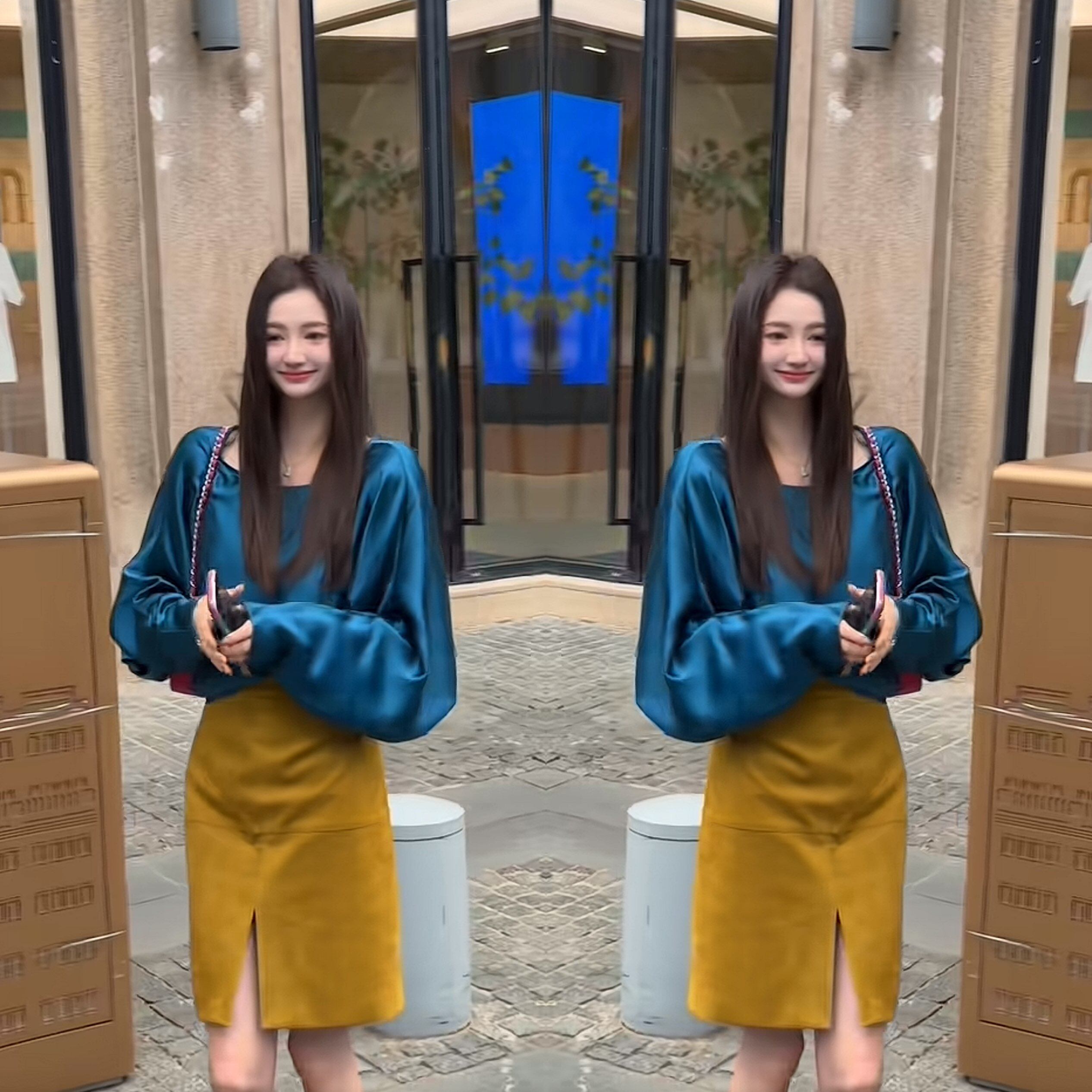 显白长袖衬衫上衣搭配高腰半身裙