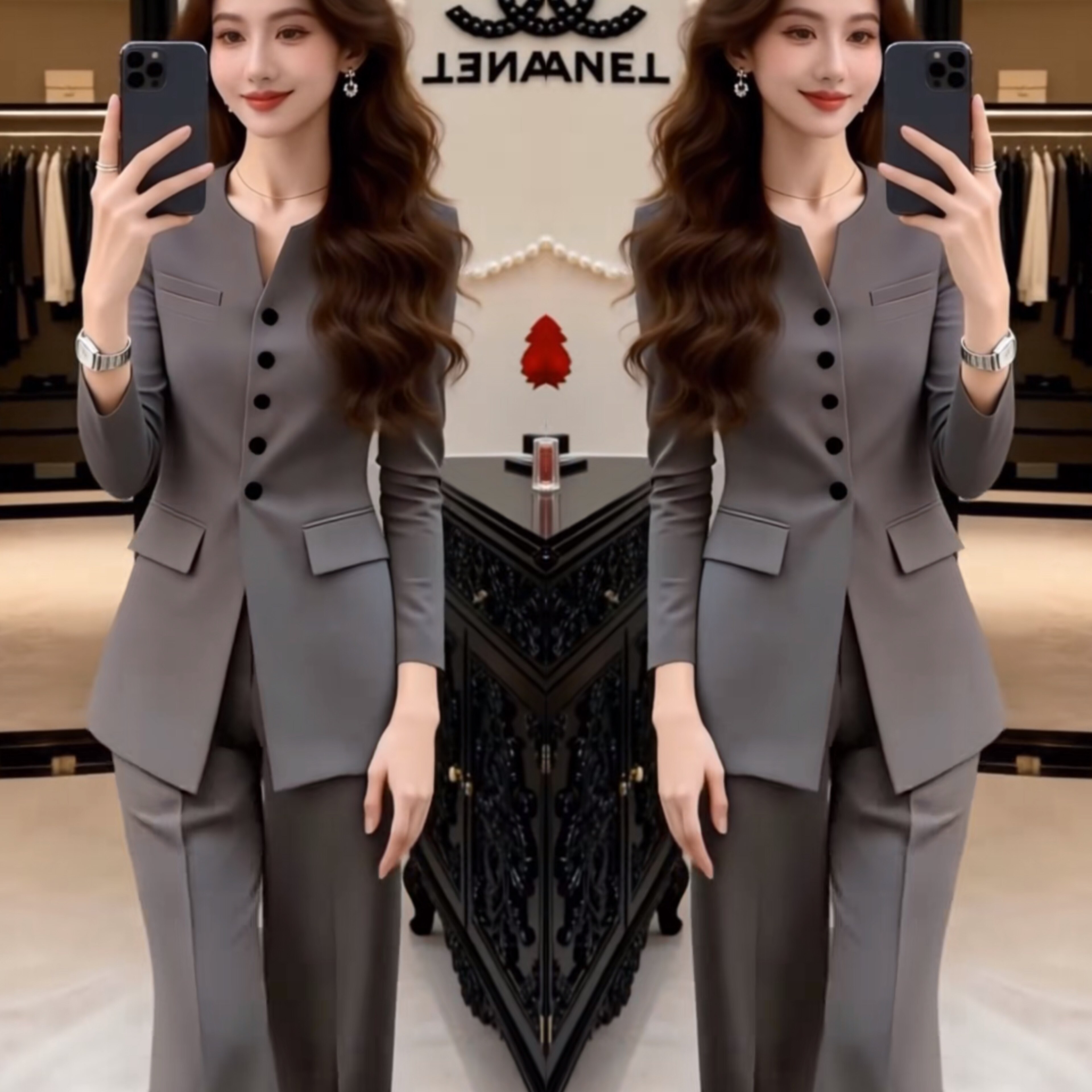 春季新款穿搭一整套韩系职业高级感漂亮灰色西装高腰垂感直筒裤女