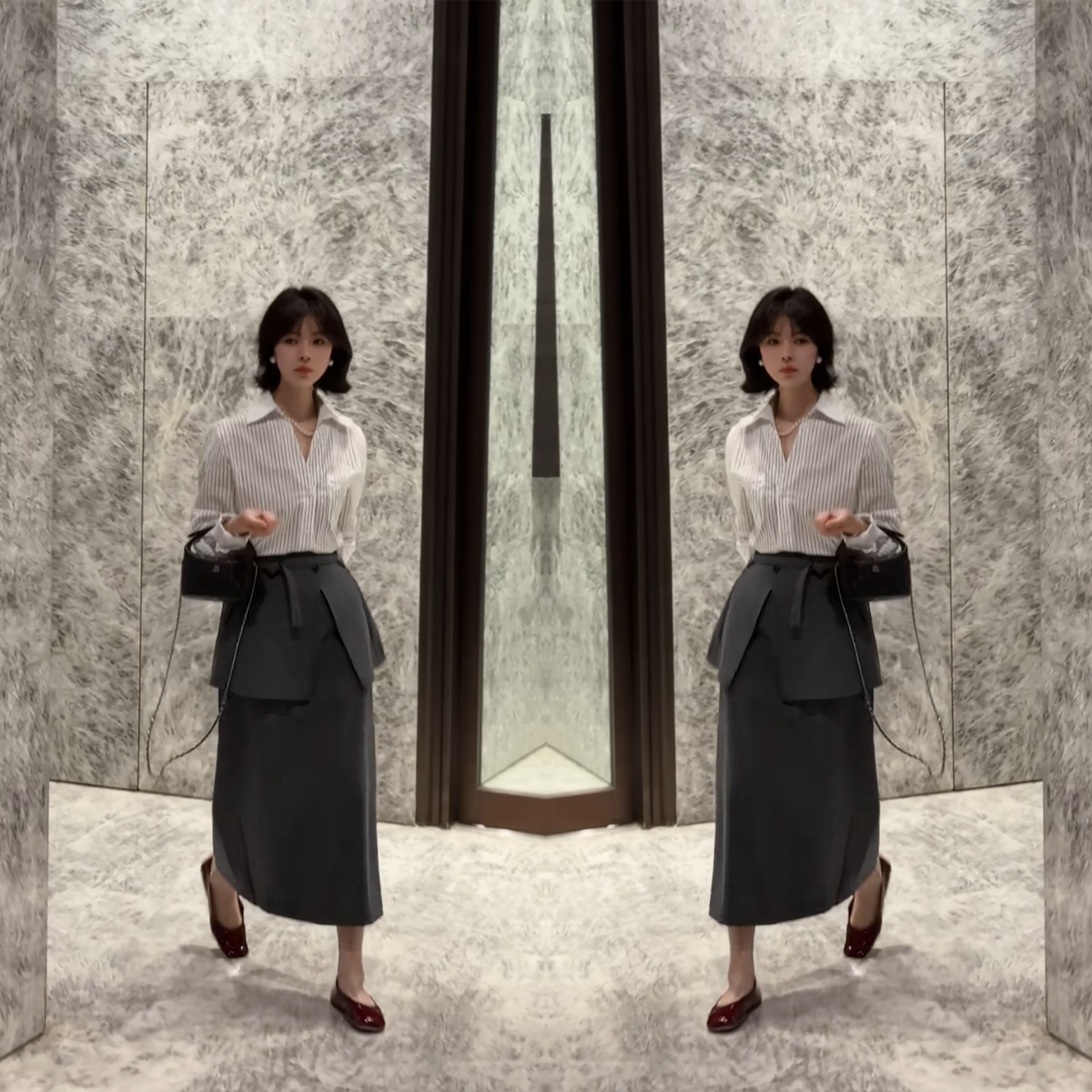 2026职业办公条纹气质优雅翻领衬衫灰色屁帘拼接设计感半身裙女装