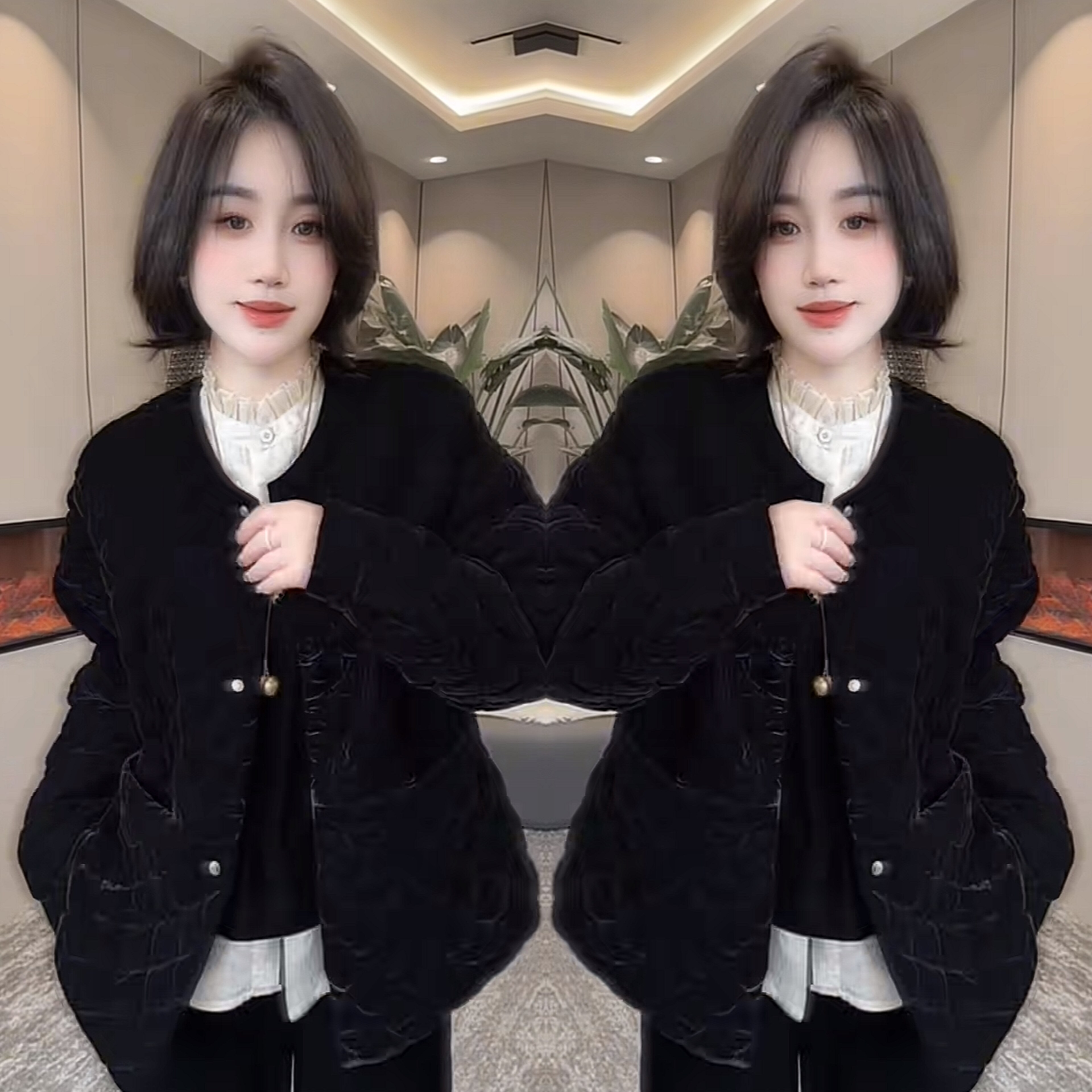 2025冬季欧洲站气质黑色长袖精品网红爆款开衫净版简约棉服外套潮