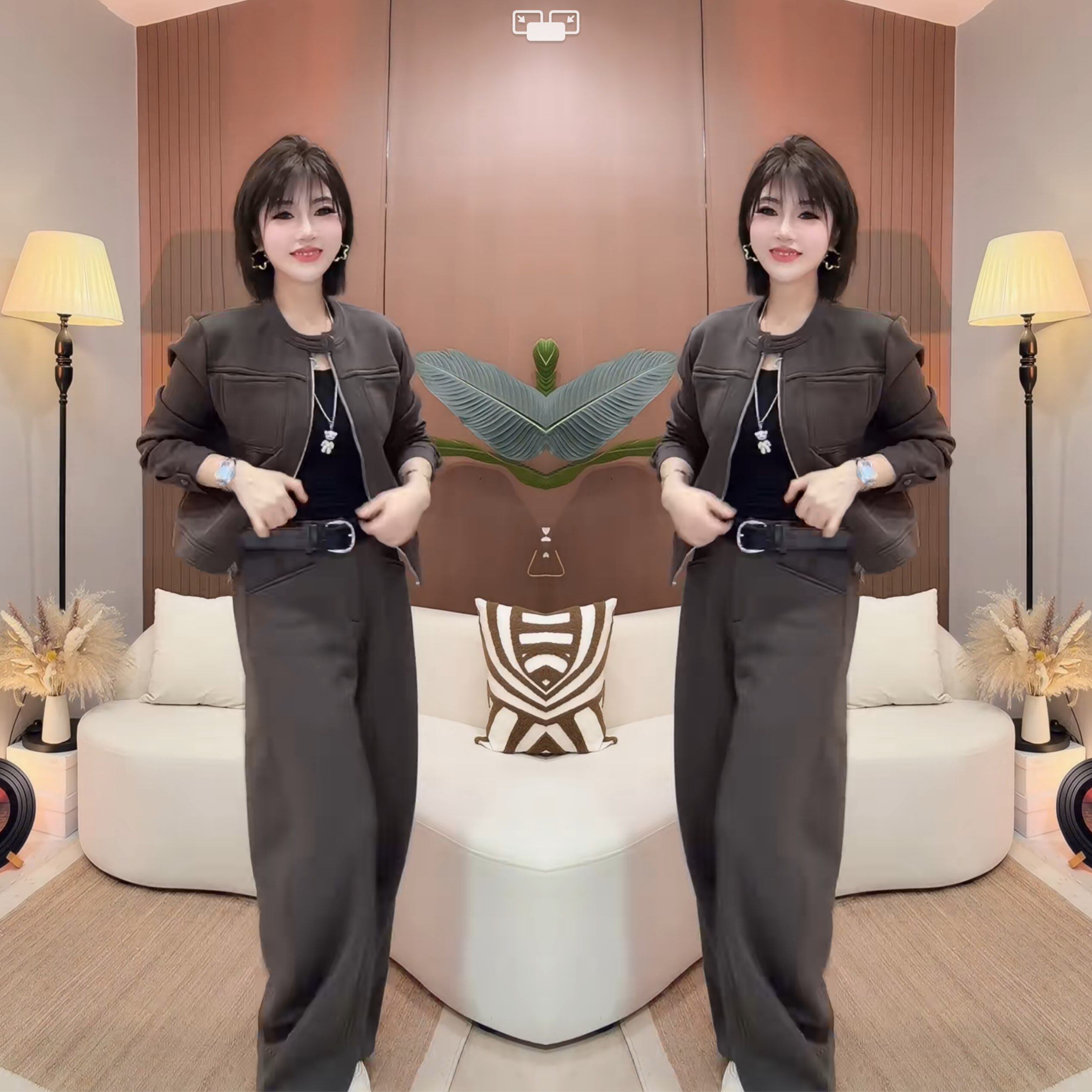 女士纯色两件套拉链外套裤子潮