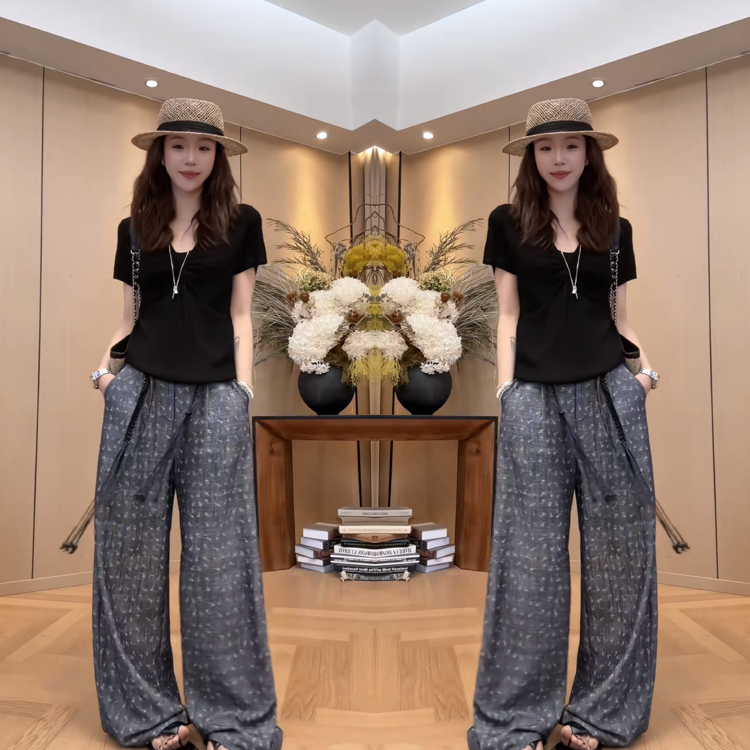 洋气松弛感两件套上衣搭印花裤子