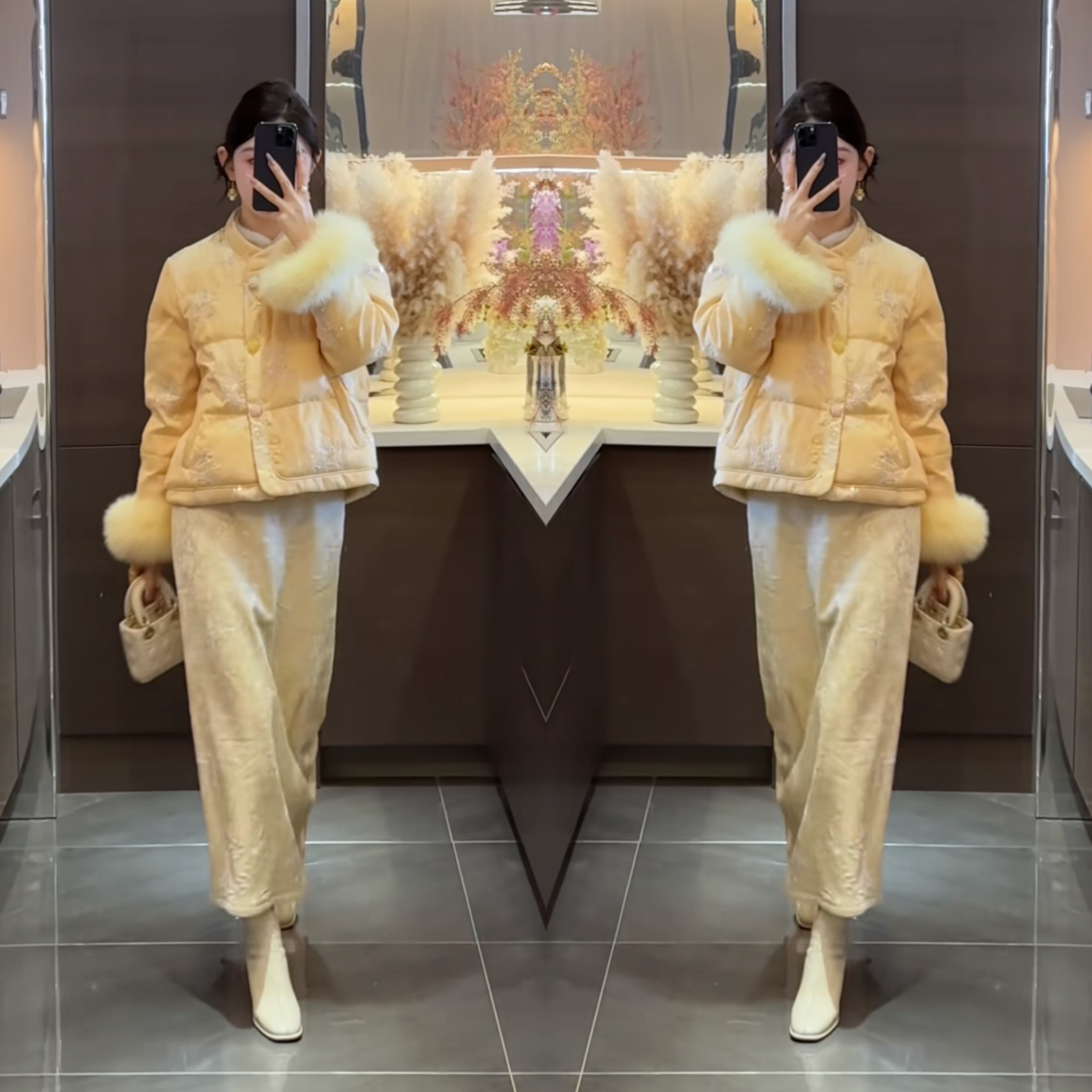 甜美温柔毛毛袖口棉服外套穿搭