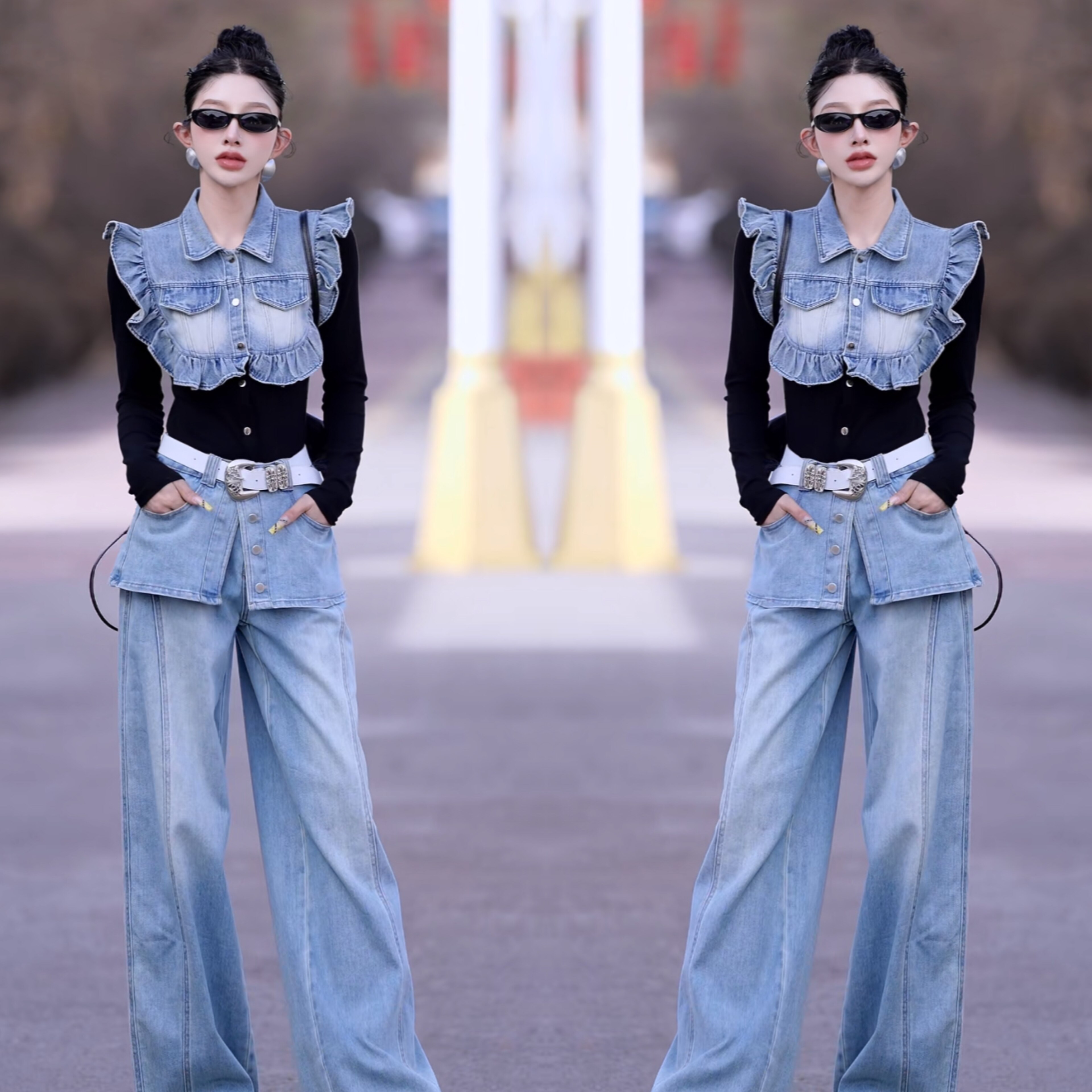 美式洋气高定2026牛仔拼接黑色修身酷飒上衣高腰裙边直筒裤春季女