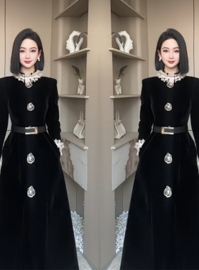 民族风高级感气质黑色优雅蕾丝收腰垂感知性韵味连衣裙网红女装潮