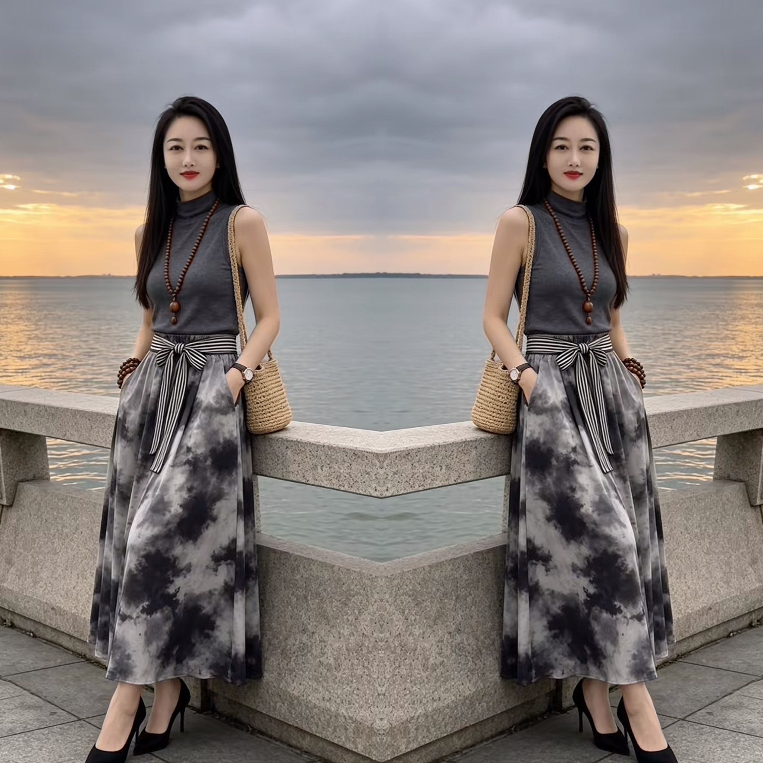 女神高领无袖上衣搭配晕染半身裙