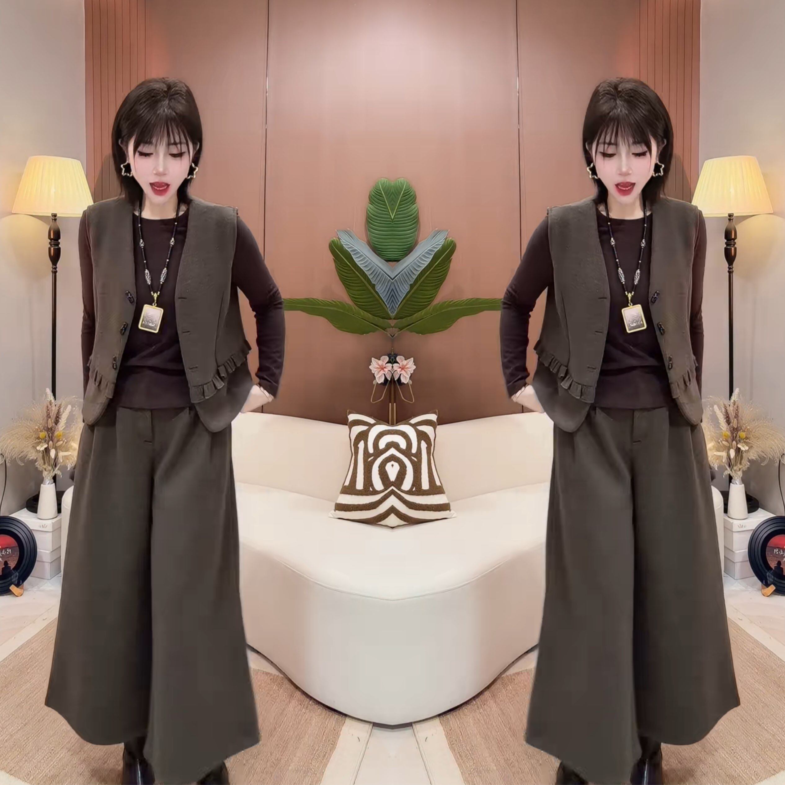 纯色韩版木耳边马甲小衫裤子三件