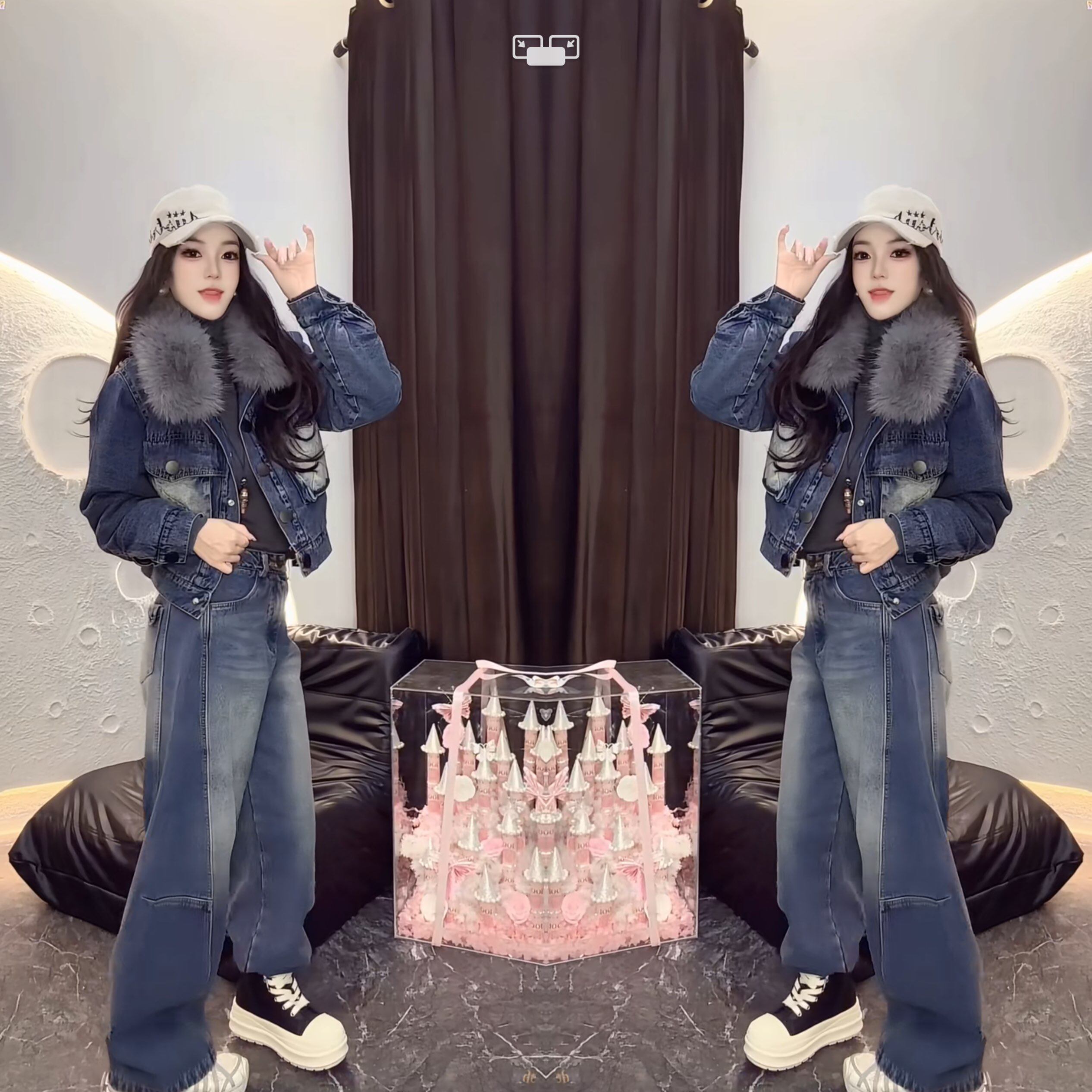 牛仔拼接毛毛女装复古外套裤子潮