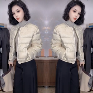 网红冬季爆款炸街开衫白色圆领无帽松弛感短款2025轻奢棉服外套潮