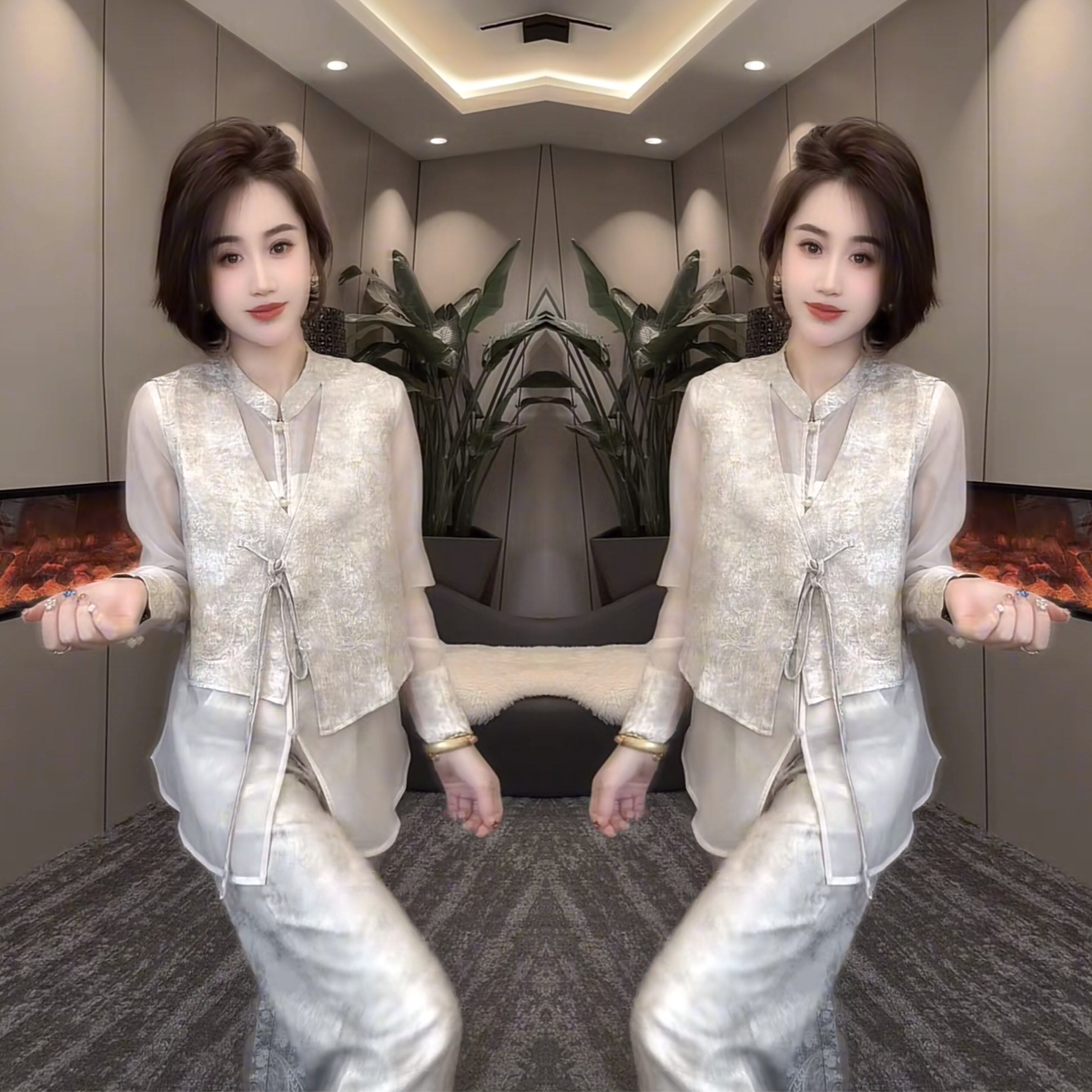 欧洲站网红爆款时髦气质复古优雅国风提花设计感宽松衬衫搭配裤子