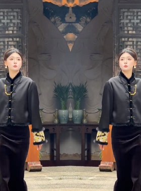 网红爆款黑色新中式韵味知性短款毛边工艺外套搭配包臀半身裙女装