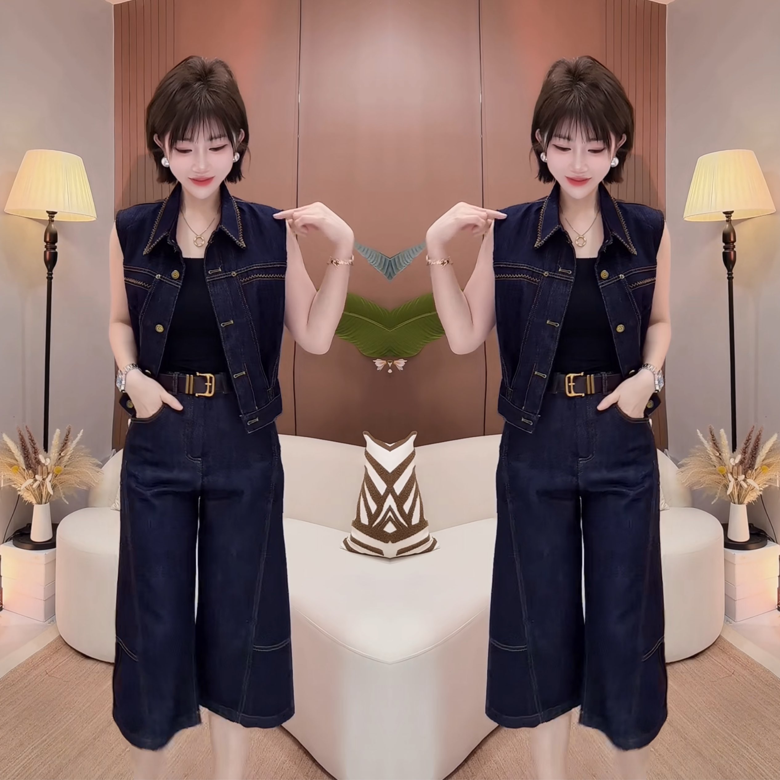 牛仔轻奢复古早秋两件马甲阔腿裤