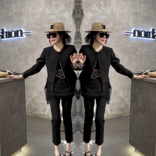 屁帘显瘦长裤 女 小众轻奢蕾丝拼接外套高腰修身 高级感圆领拼接西装