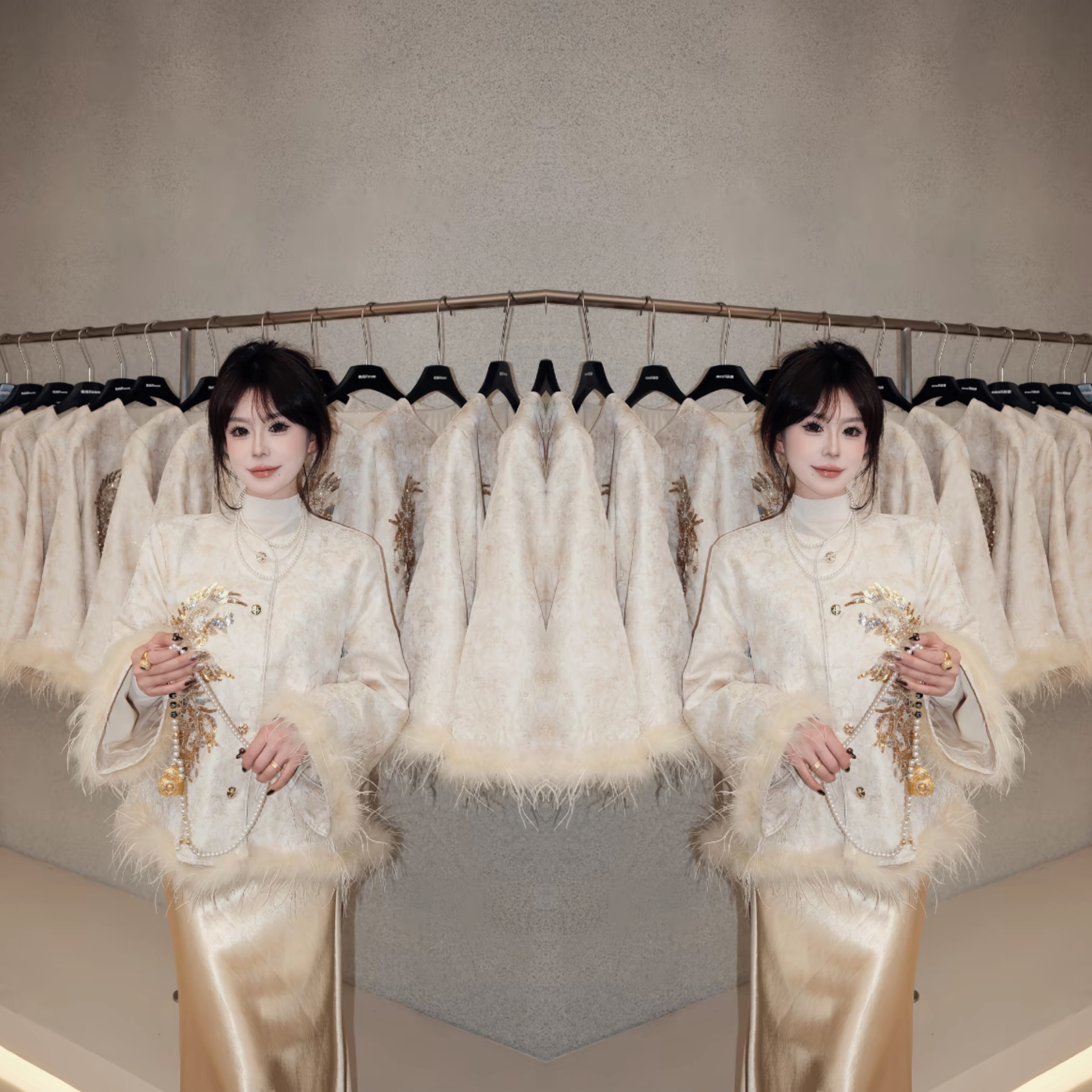 欧洲站女网红爆款炸街开衫刺绣毛边设计感短款棉服外套冬季轻熟风