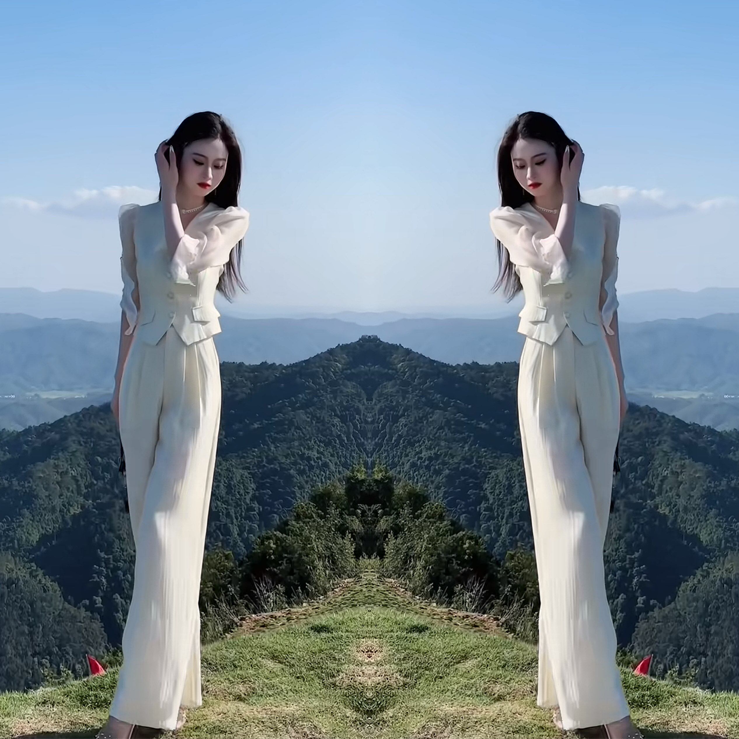法式休闲女装夏季新款高级感洋气网纱袖子韩版简约上衣搭配阔腿裤