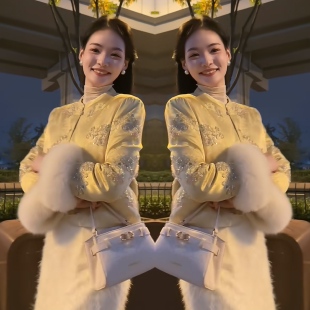 国风江南韵味气质网红爆款黄色清新温柔提花刺绣毛毛袖口保暖外套
