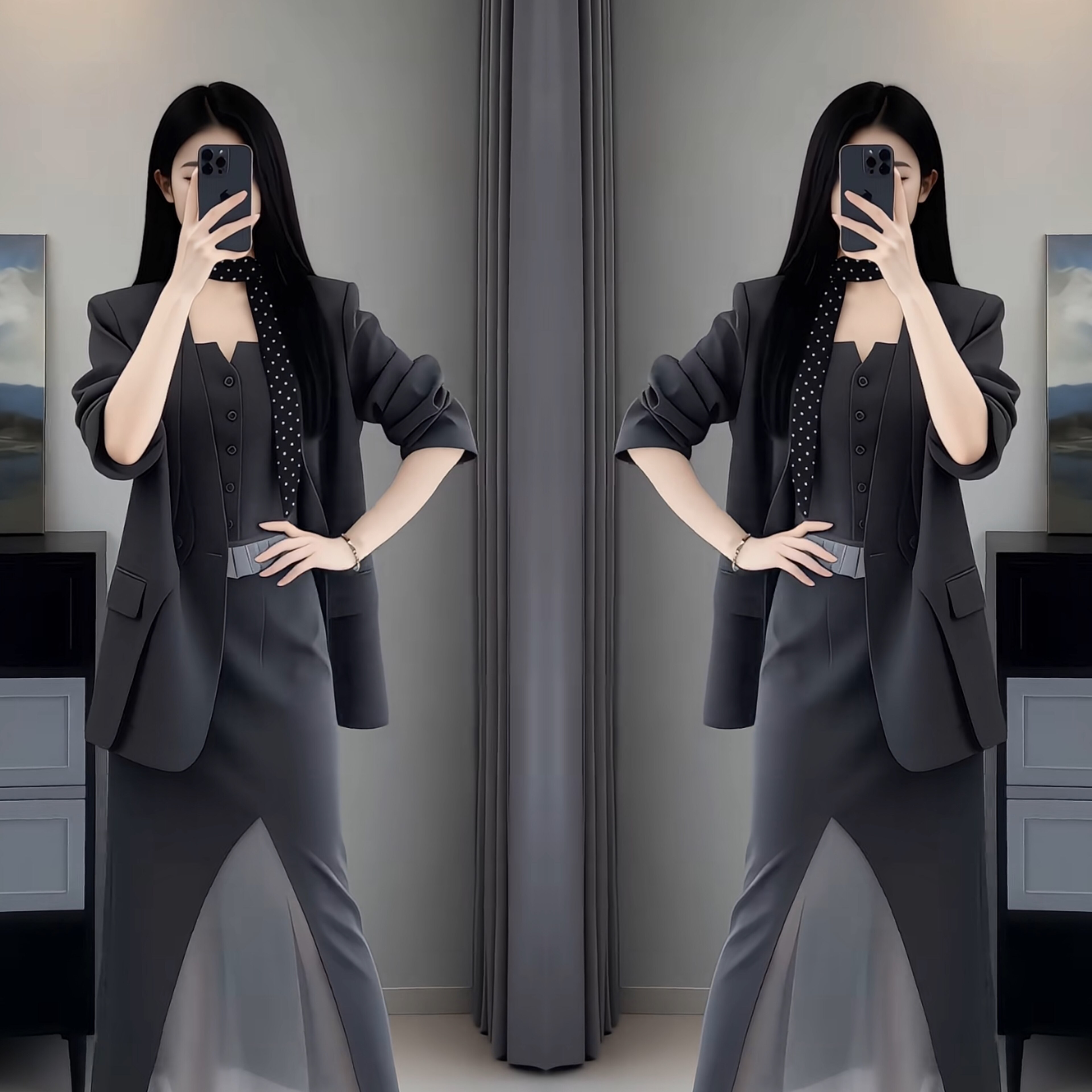 欧韩网红气质职业灰色西装酷飒外套修身性感打底衫不规则半身裙女