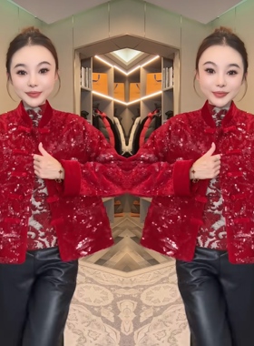 网红冬季爆款红色2025高定气质新中式亮片保暖棉服外套国潮风