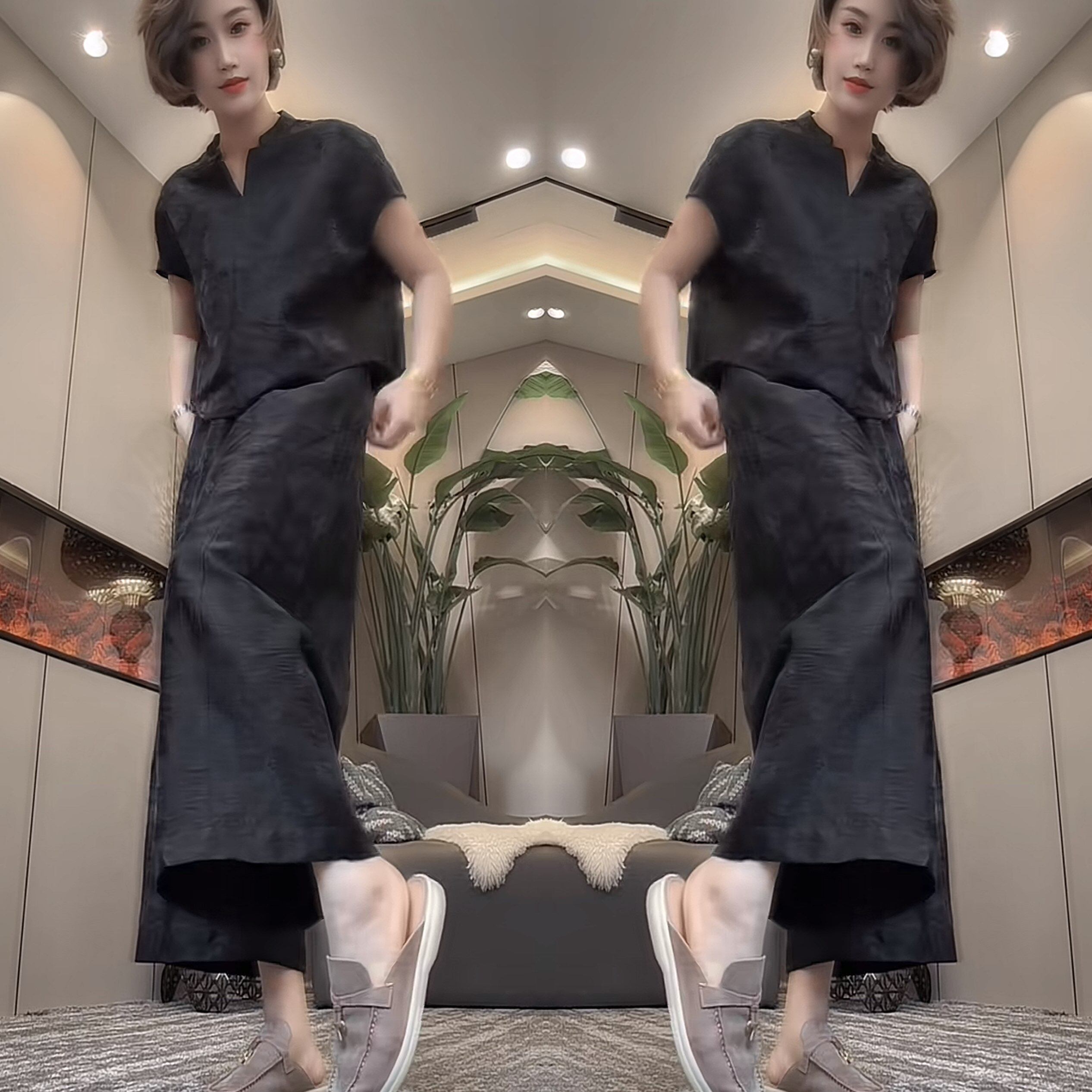 时髦提花显瘦上衣搭配裤子套装