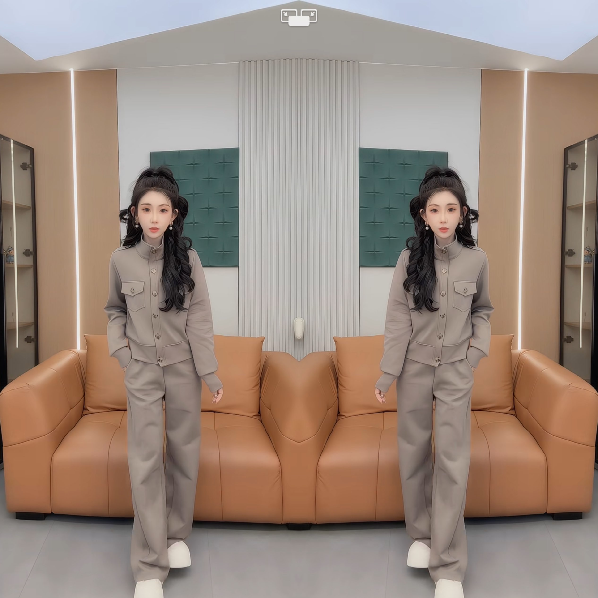 纯色女立领工装两件套外套裤子