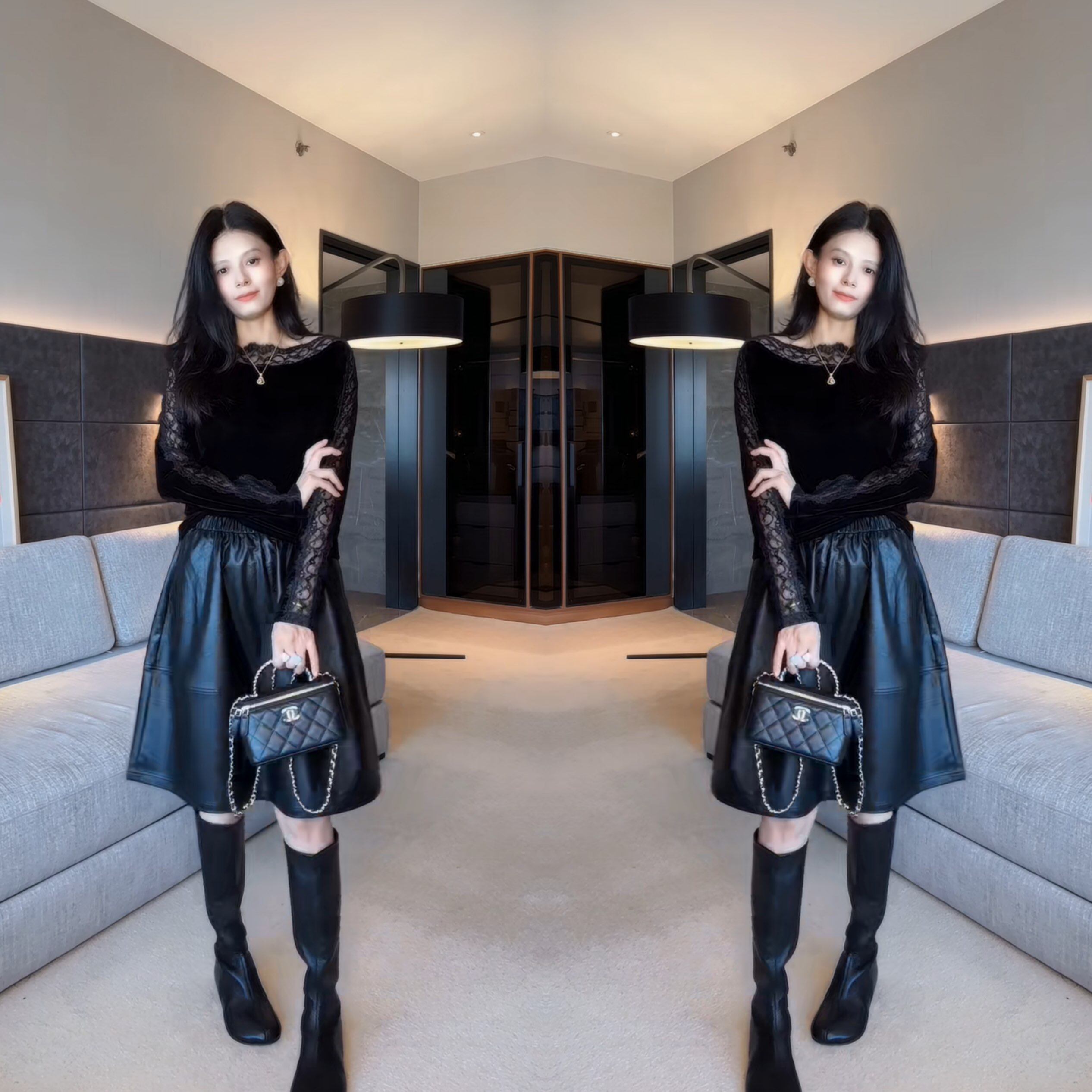 丝绒拼接蕾丝袖子上衣搭配半裙