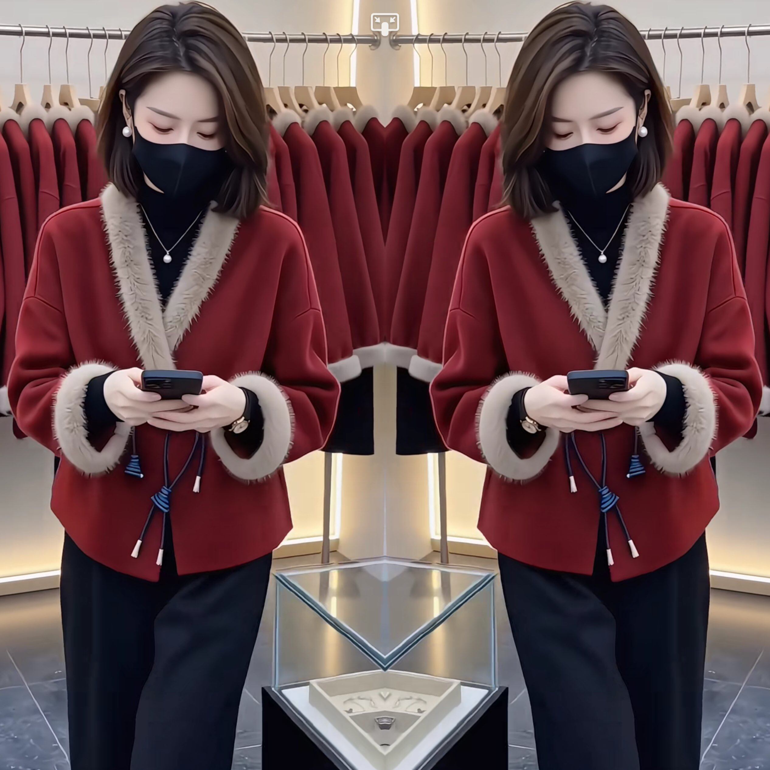 复古毛毛拼接毛呢百搭女大衣外套