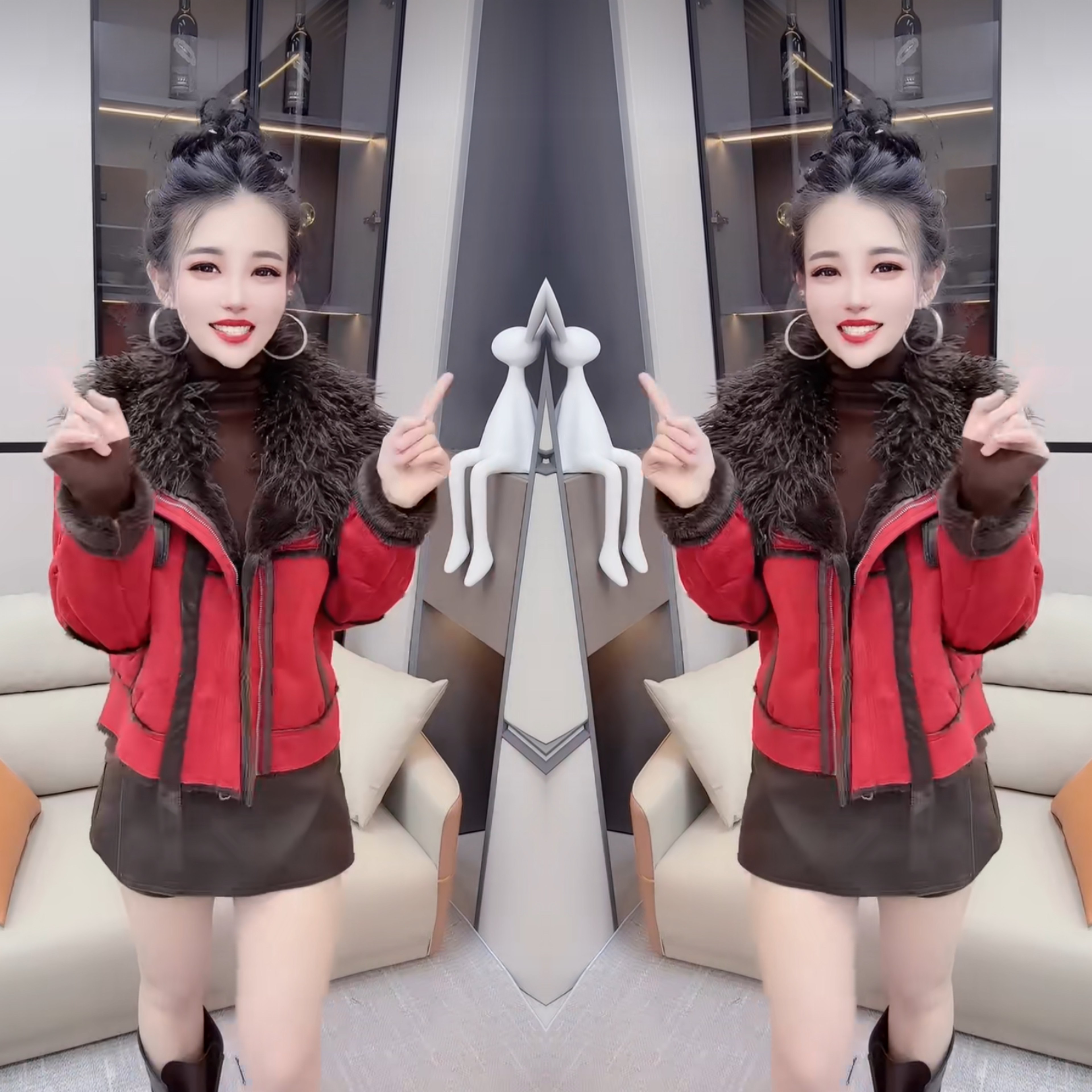 新中式国潮风红色毛毛领短款2025冬季轻奢保暖棉服小众外套网红潮