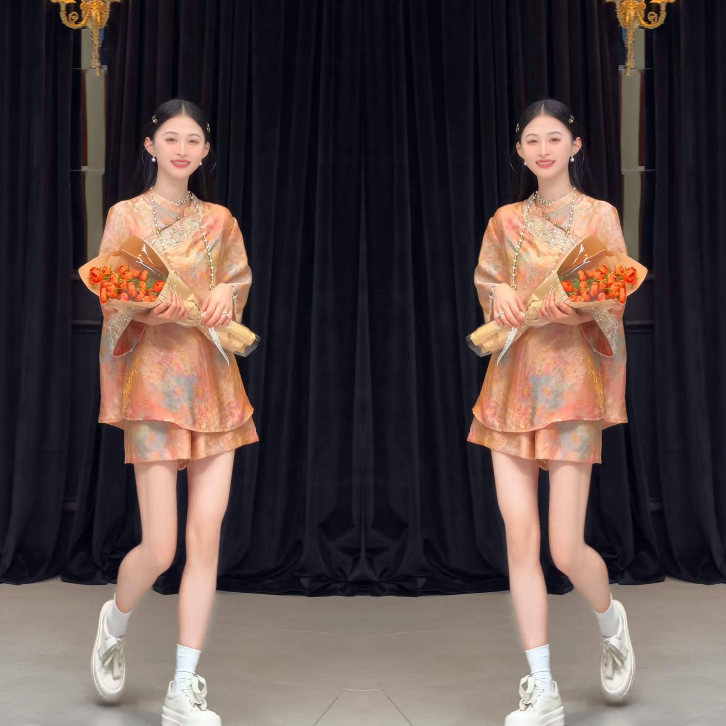 优雅精致印花欧货女装上衣短裤潮