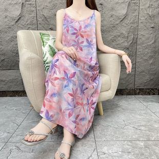 寬松氣質(zhì)吊帶連衣裙女寬松印花長裙女 春夏碎花時尚 落葉花信