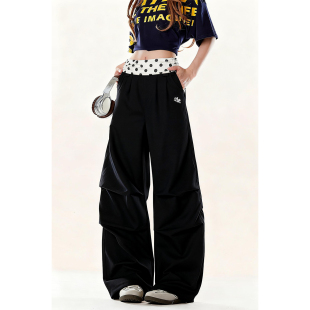 甜酷休闲裤 女垂感宽松直筒拖地裤 子 阔腿裤 ZRSEE波点腰头褶皱工装