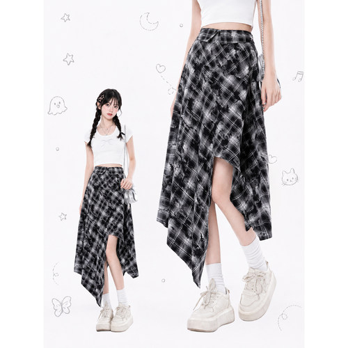 不规则格子a字半身裙女夏季薄款