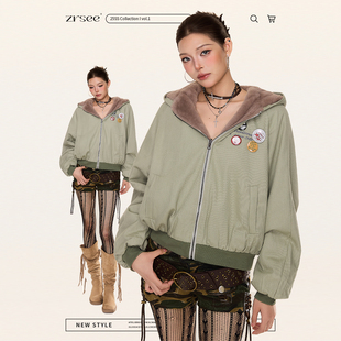 两面穿棉衣夹克 2025新款 自然涩美式 双面穿加厚连帽棉服外套女冬季