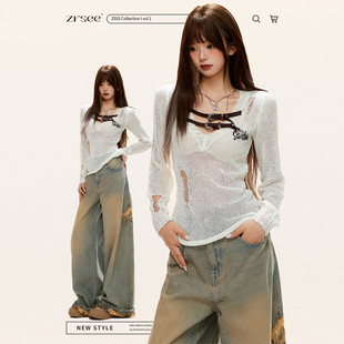 正肩罩衫 t恤女生修身 微透女上衣 复古皮带拼接V领长袖 自然涩美式