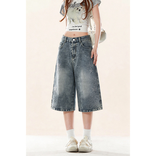 ZRSEE 原创美式复古烫钻水洗做旧直筒七分牛仔裤夏季宽松阔腿裤子