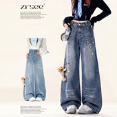 宽松可爱配饰女裤 女2026早春新款 子 复古小熊挂件牛仔裤 自然涩美式