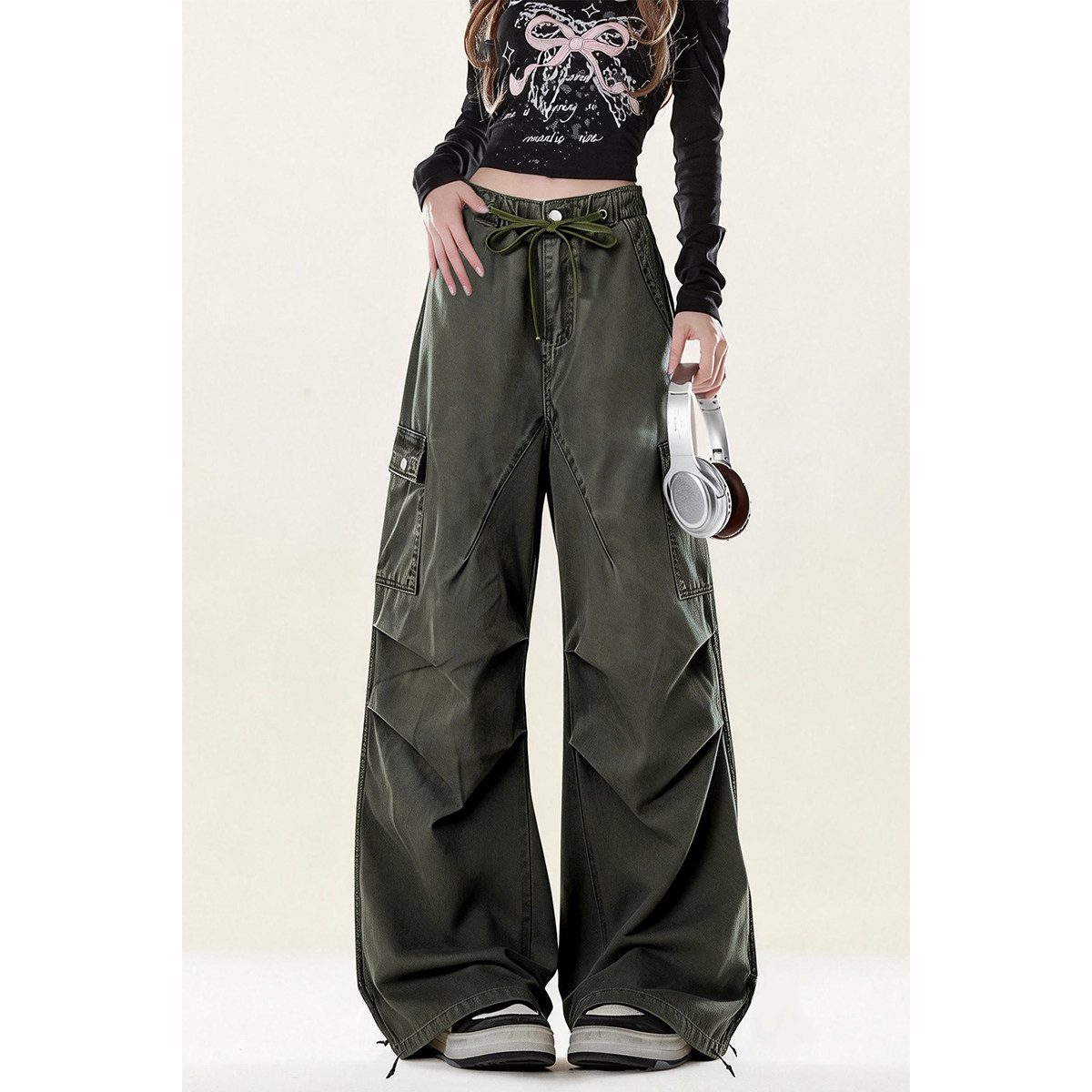 自然涩美式复古工装裤女春秋高腰抽绳阔腿裤显瘦宽松褶皱伞兵裤子,女装/女士精品,休闲裤,淘宝优惠券,粉丝福利购,淘宝优惠卷