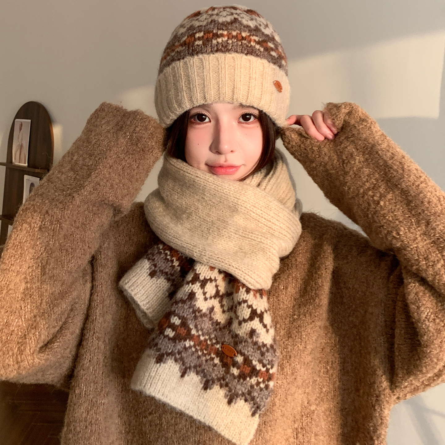 复古费尔岛针织毛线帽保暖围巾套装女款冬季防寒护颈情侣学生围脖