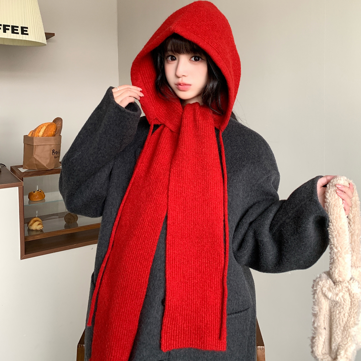 韩版针织帽子围巾一体女生2025新款冬季红色本命新年保暖防寒围脖
