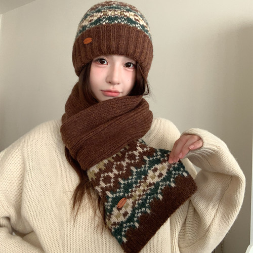 费尔岛针织围巾帽子女款冬季2025新款韩系氛围感加厚保暖围脖咖色
