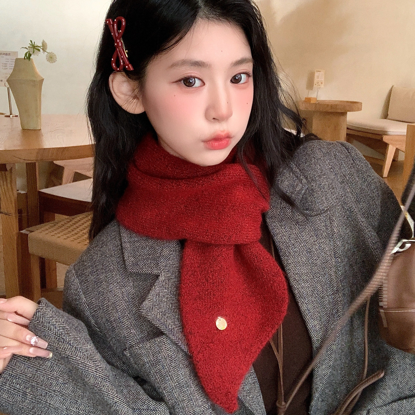 红色毛线针织小围巾女2026新款秋冬季韩版新年氛围感保暖交叉围脖