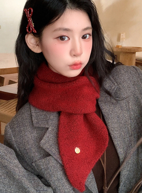 红色毛线针织小围巾女2026新款秋冬季韩版新年氛围感保暖交叉围脖