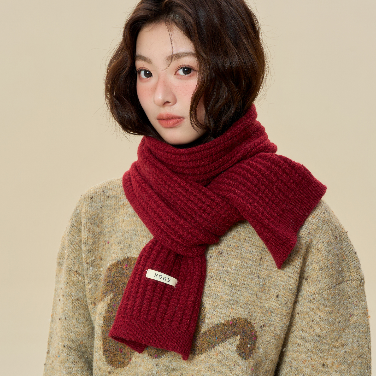 红色氛围感针织毛线围巾女2025新款秋冬季韩版本命年加厚保暖围脖